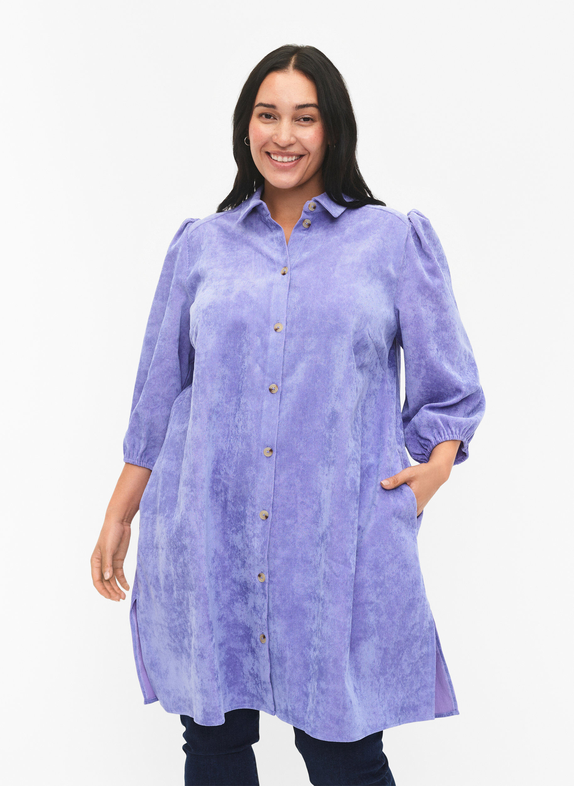 ZizziKordkleid mit 3/4 &Auml;rmeln und Kn&ouml;pfen, Lavender Violet, Model image number 0