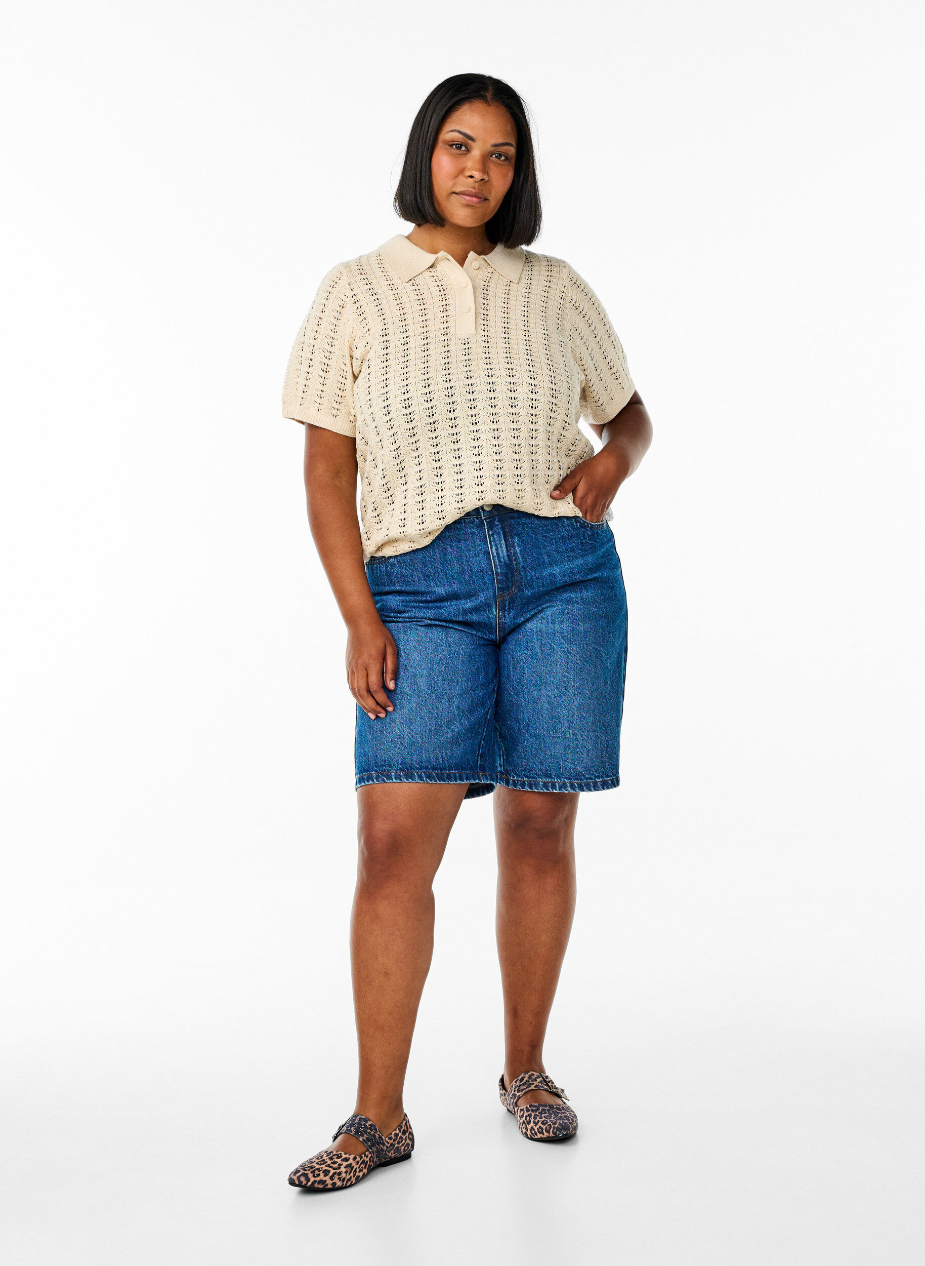 ZizziGestricktes Poloshirt mit Lochmuster, Beige, Model image number 1