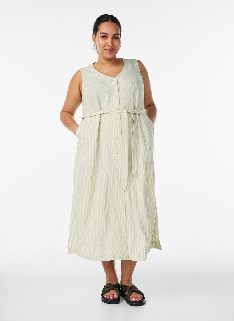 &Auml;rmelloses gestreiftes Midikleid aus Leinen und Viskose, Gr&uuml;n, Model image number 0