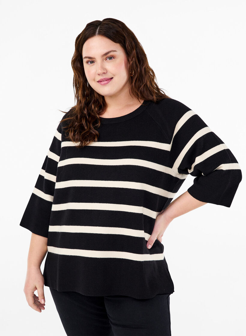 Strickbluse mit 3/4-Arm und Streifen, Black Birch Stripes, Model image number 0