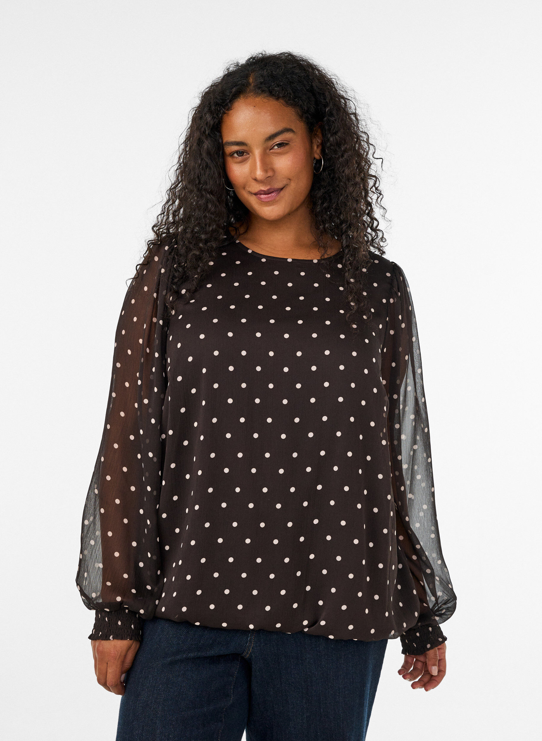 ZizziGepunktete Bluse aus Chiffon mit transparenten &Auml;rmeln, Braun, Model image number 0
