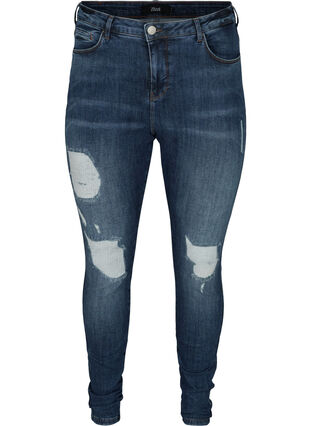 Hochtaillierte Amy Jeans mit Ripped-Effekt, Blue denim, Packshot image number 0