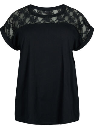 Baumwoll-T-Shirt mit Spitze und kurzen Ärmeln, Black, Packshot image number 0