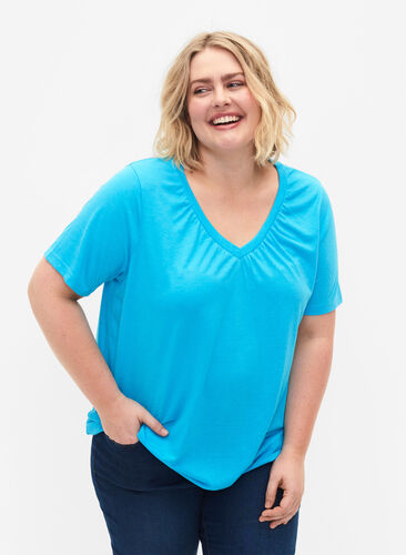 Meliertes T-Shirt mit elastischem Saum, Blue Atoll Mél, Model image number 0
