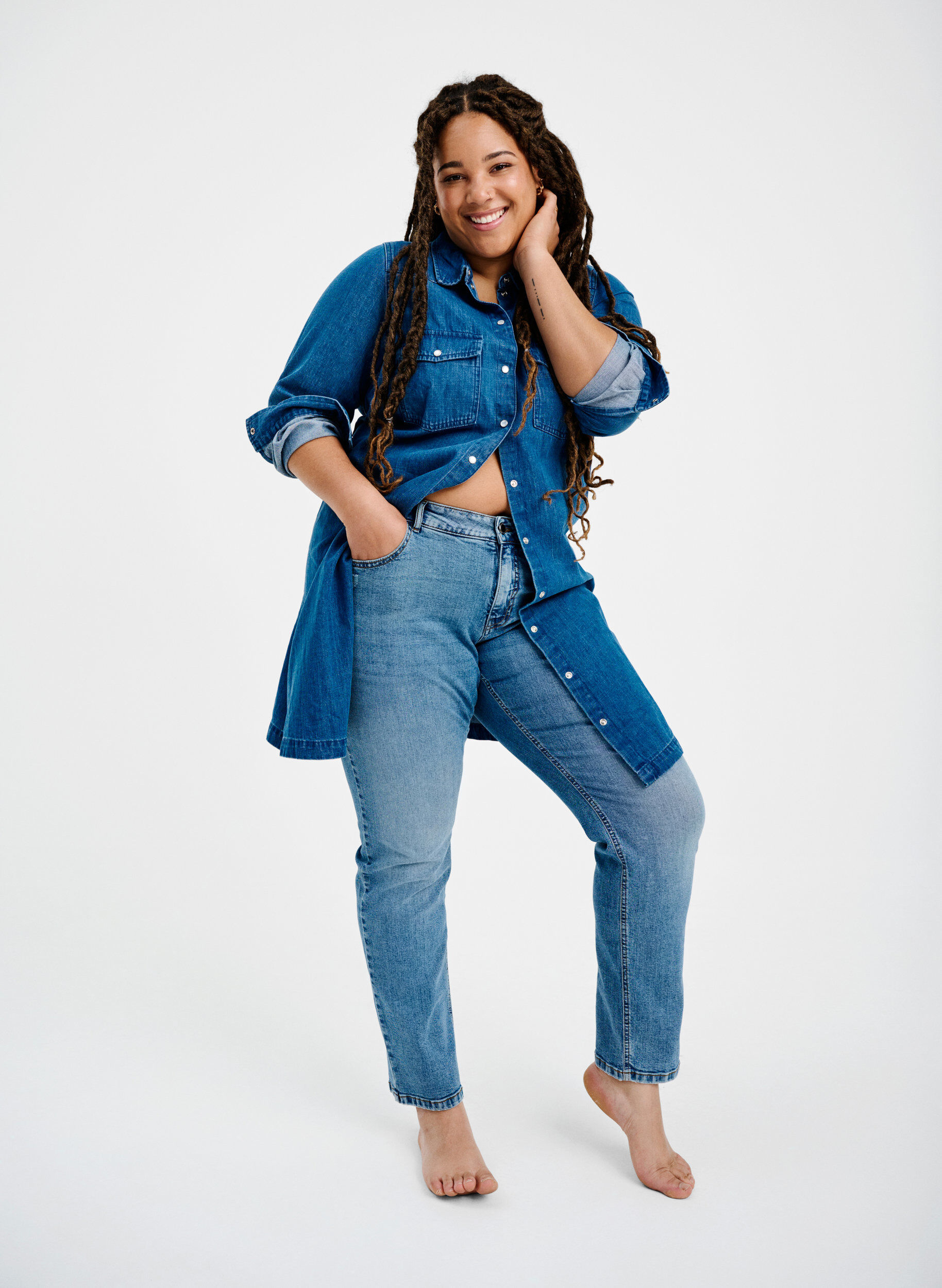 ZizziTwo-Tone Mille Mom Fit Jeans, Lt. B. Comb, Image image number 0