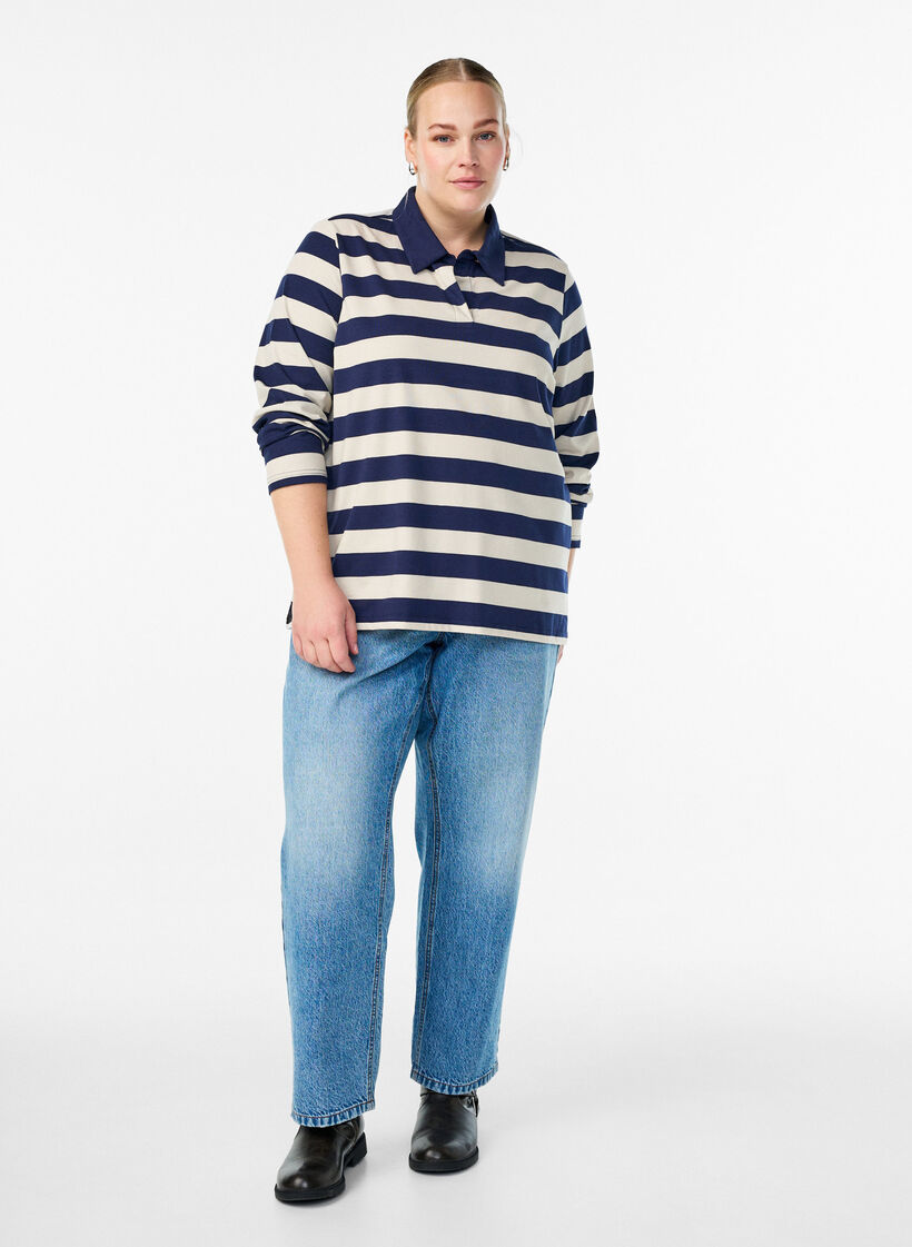 Langärmliges Poloshirt mit breiten Streifen, Blau, Model image number 1