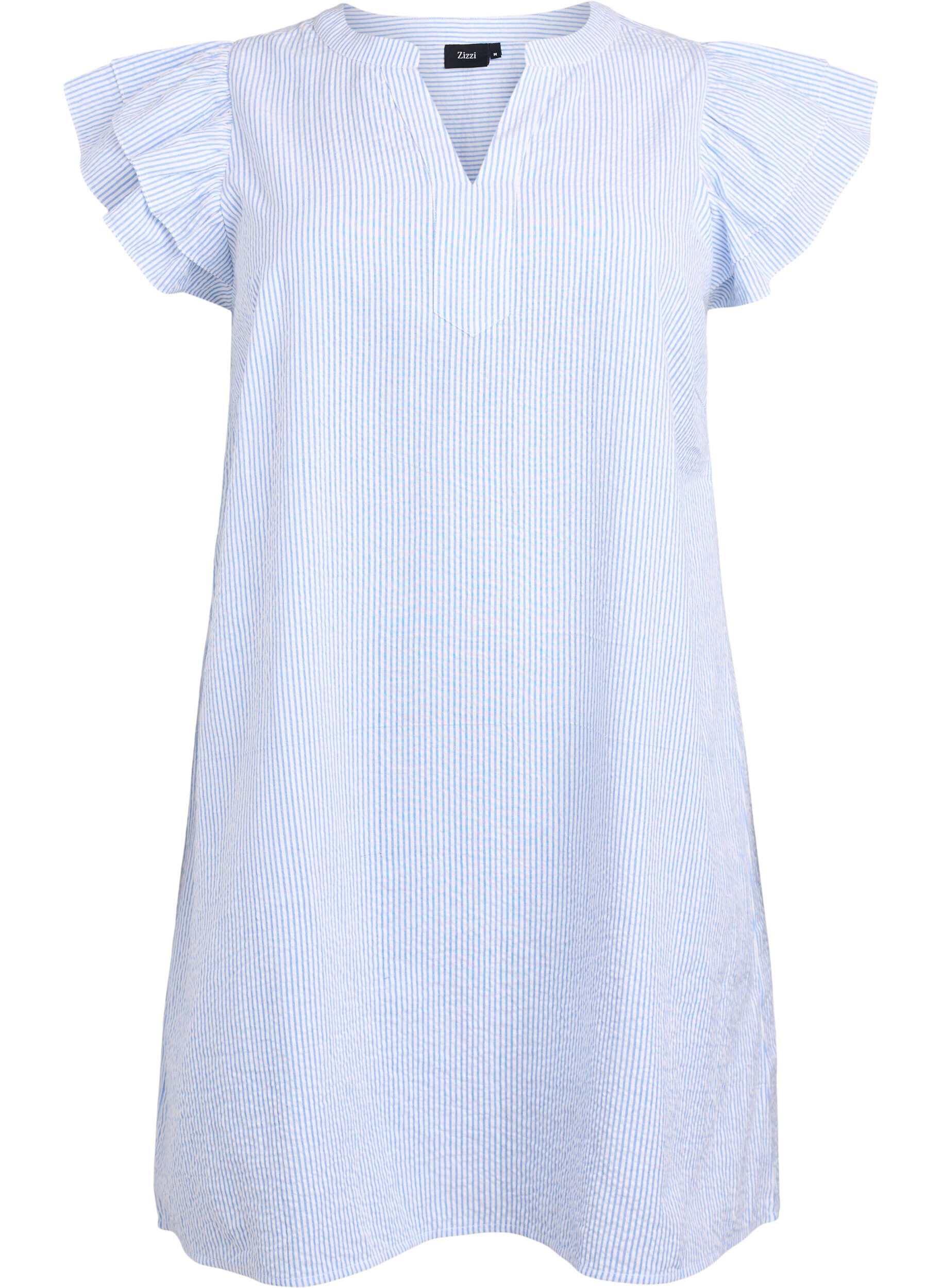 ZizziKurzes gestreiftes Kleid mit R&uuml;schen, Blau, Packshot image number 0