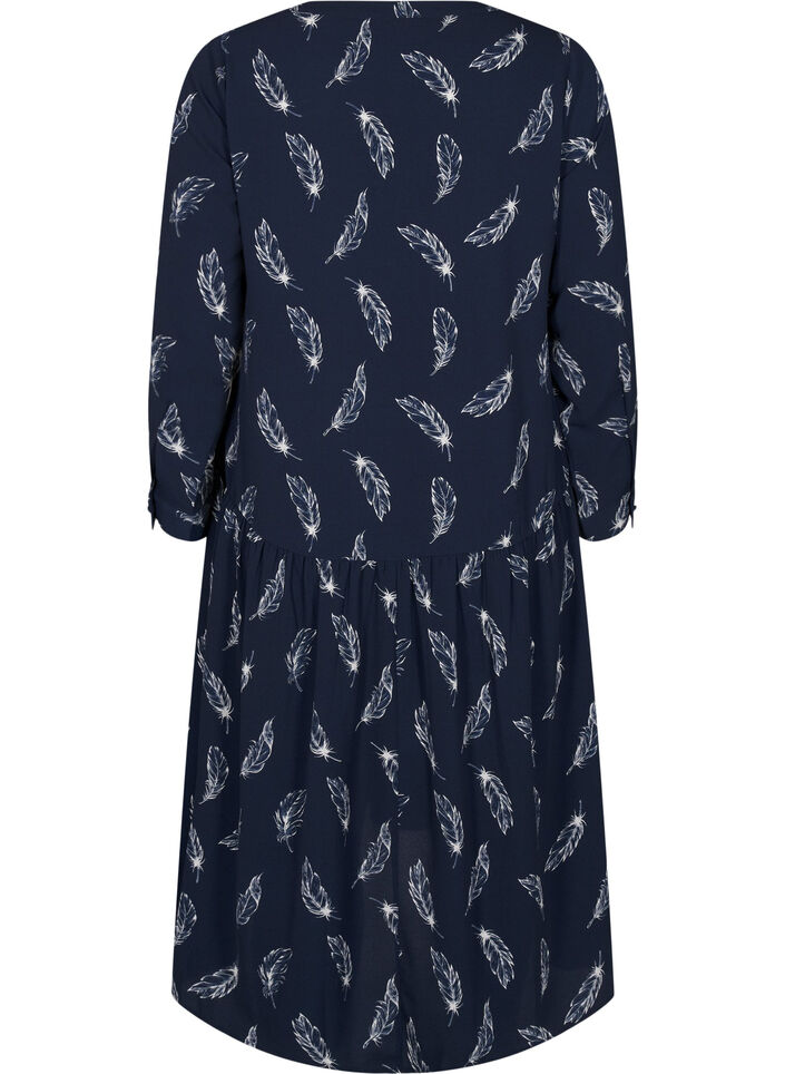 Midi-Kleid mit langen Ärmeln, Navy B. Feather AOP, Packshot image number 1