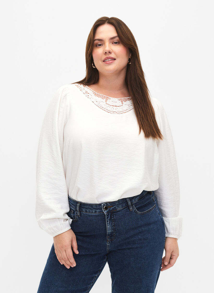 Bluse aus Viskose mit H&auml;keldetails, Bright White, Model image number 0