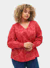 Bluse mit V-Ausschnitt und Smok, Ribbon Red AOP, Model