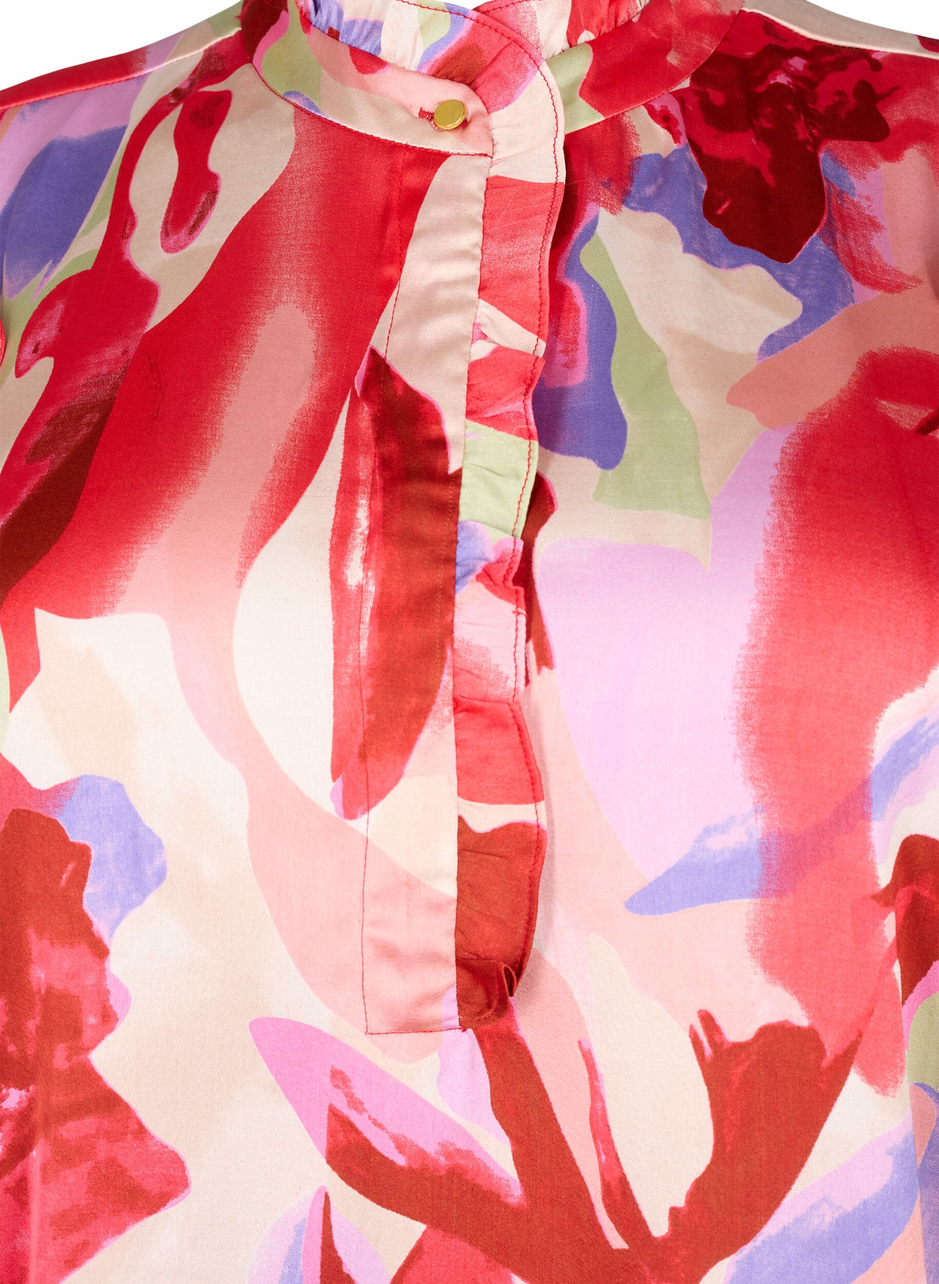 Zizzi Hemdbluse aus Satin mit Aufdruck und R&uuml;schendetails, Geranium Graphic AOP, Packshot image number 2