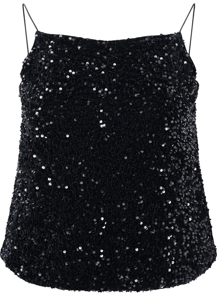 Top mit Pailletten und schmalen Trägern, Black Sequins, Packshot image number 0