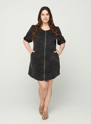 Kurzarm Denim Kleid mit Reißverschluss, Grey Denim ASS, Model image number 2