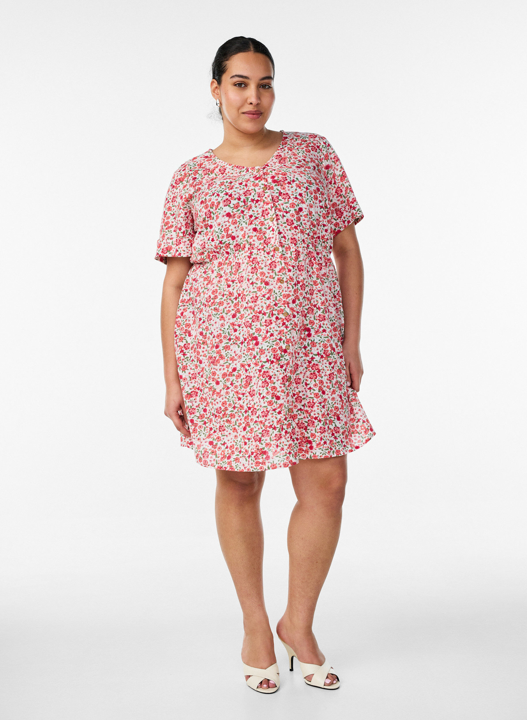 ZizziKurzes Kleid aus Baumwolle mit Blumenprint, Rot, Model image number 1