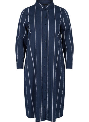 Langes gestreiftes Hemdkleid aus Baumwolle, N.Sky w.White Stripe, Packshot image number 0