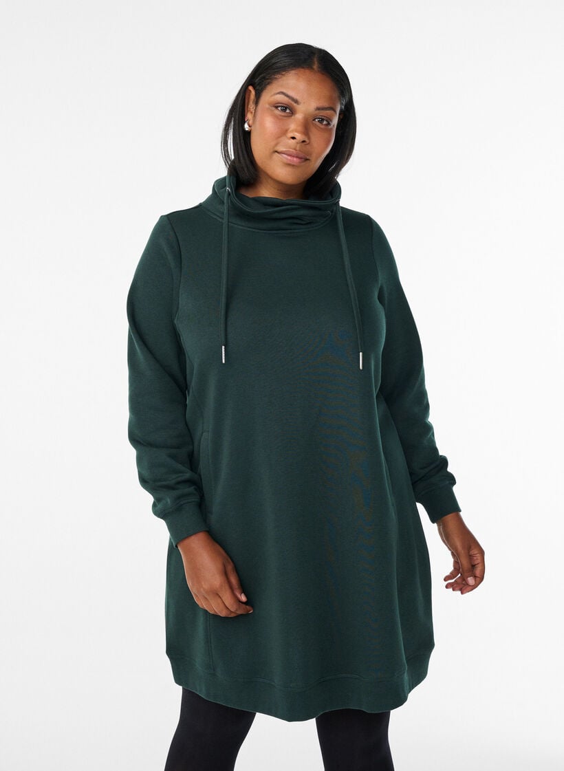 FLASH - Kurzes Sweatshirtkleid mit Stehkragen und Taschen, Grün, Model image number 0