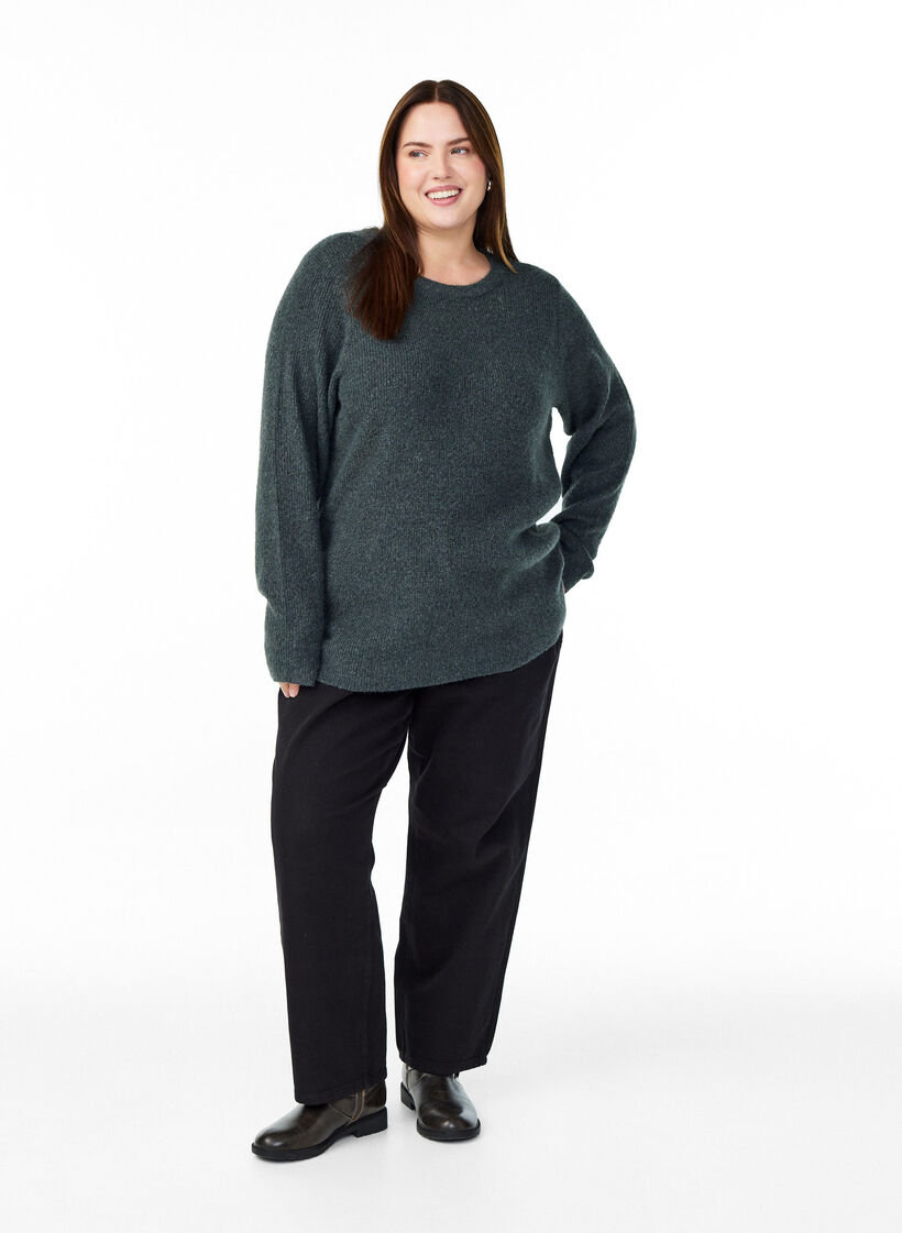 Melierte Strickbluse mit Rundhalsausschnitt, Grün, Model image number 1