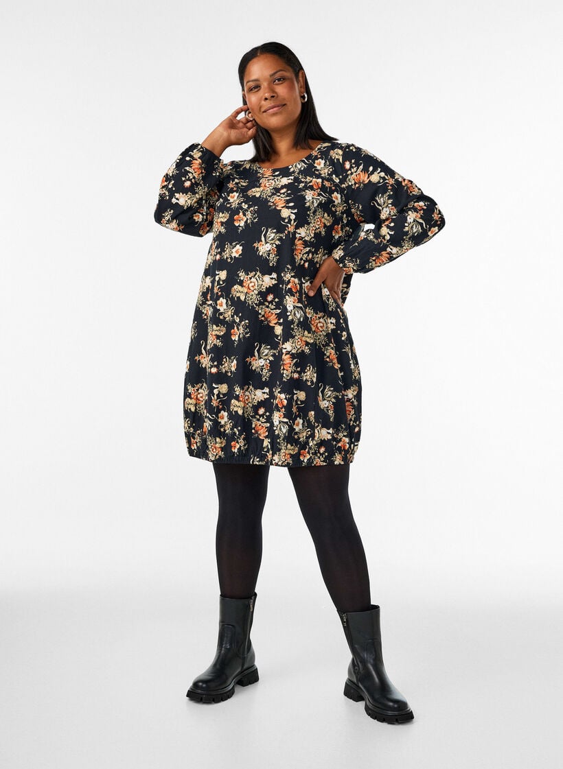 Kurzes Baumwollkleid mit Gummisaum und langen &Auml;rmeln, Schwarz, Model image number 1