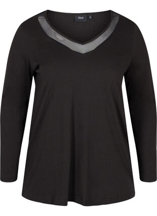 Langarm Bluse aus Baumwolle mit Mesh, Black, Packshot image number 0