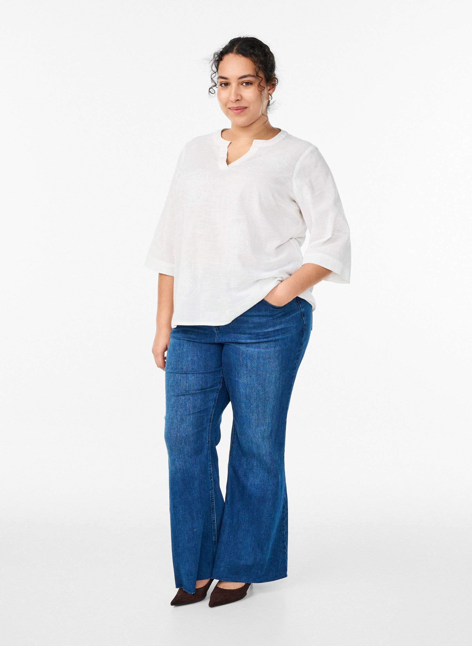 ZizziBluse aus Baumwolle mit gestickten Details und 3/4-&Auml;rmeln, Wei&szlig;, Model image number 1