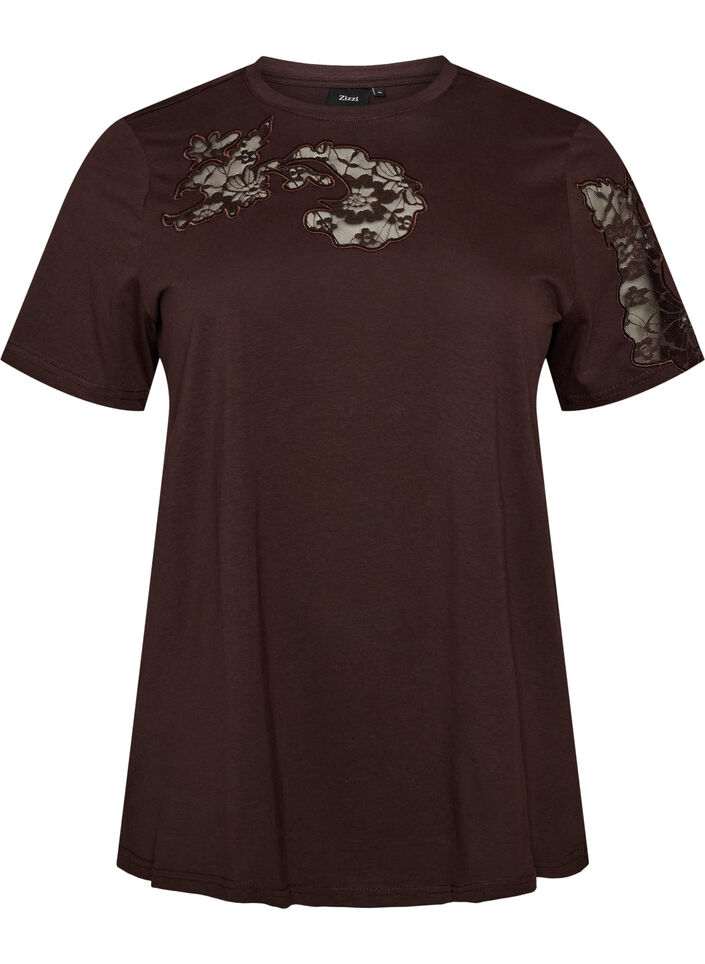 T-Shirt aus Baumwolle mit Spitzenapplikationen, Braun, Packshot image number 0