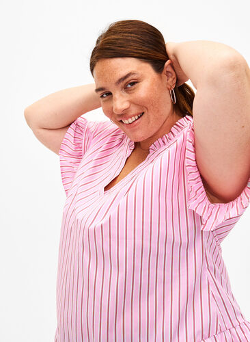 Gestreifte Bluse mit Schößchen- und Rüschendetails, Pink Red Stripe, Image image number 0