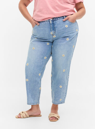 Mille Mom Fit Jeans mit Blumenstickerei, Light Blue w. Flower, Model image number 1