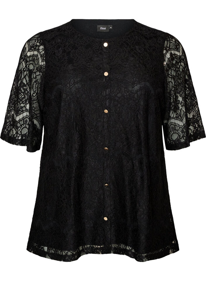 Bluse aus Spitze mit Zierkn&ouml;pfen, Schwarz, Packshot image number 0