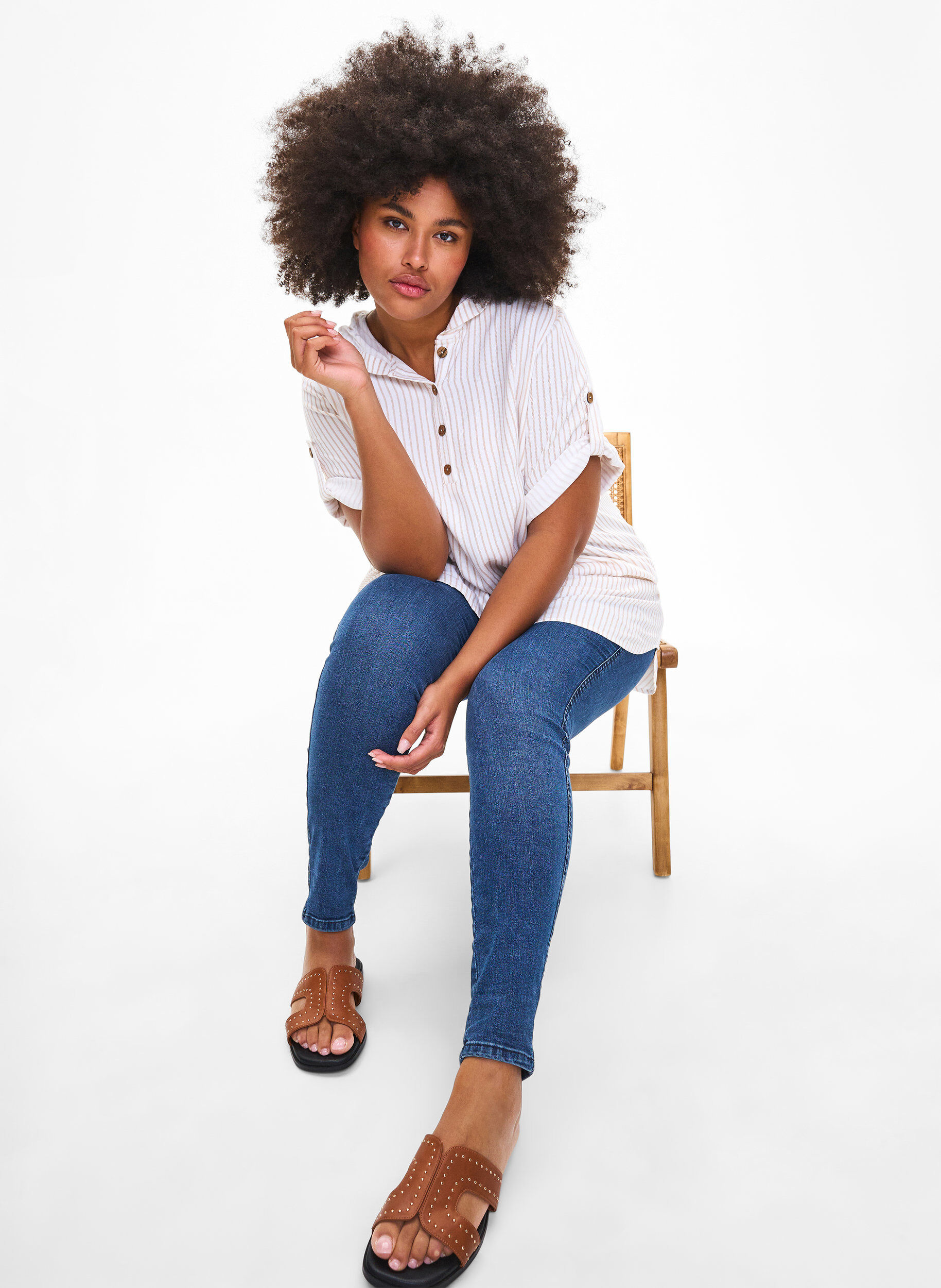 ZizziKurz&auml;rmelige Viskose-Tunika mit Kapuze, White Natural Stripe, Image image number 0