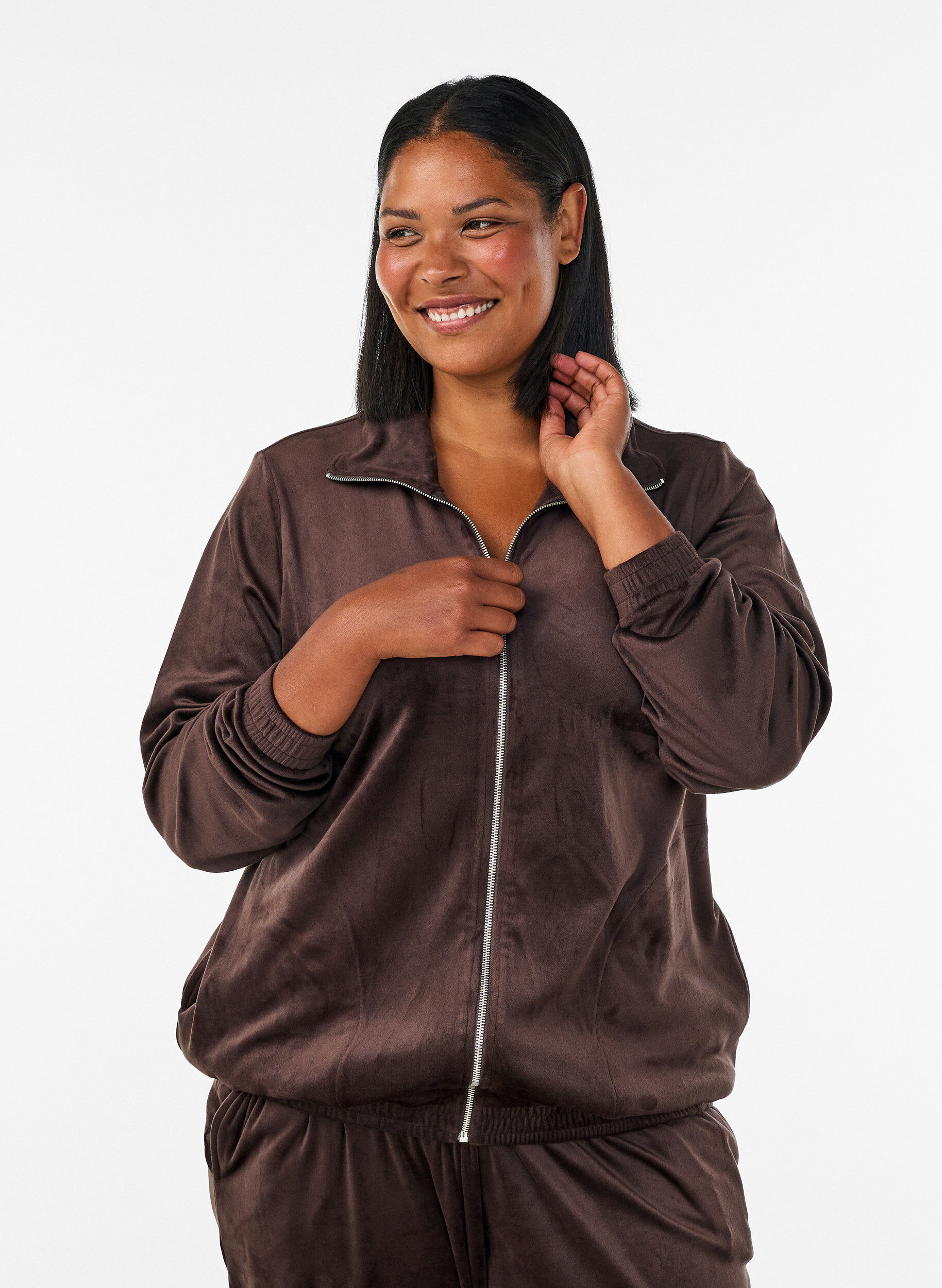 ZizziWeicher Cardigan aus Velours mit Rei&szlig;verschluss und hohem Kragen, Braun, Model image number 0