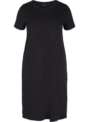 Kurzarm Kleid aus Baumwolle mit Schlitz, Black, Packshot image number 0