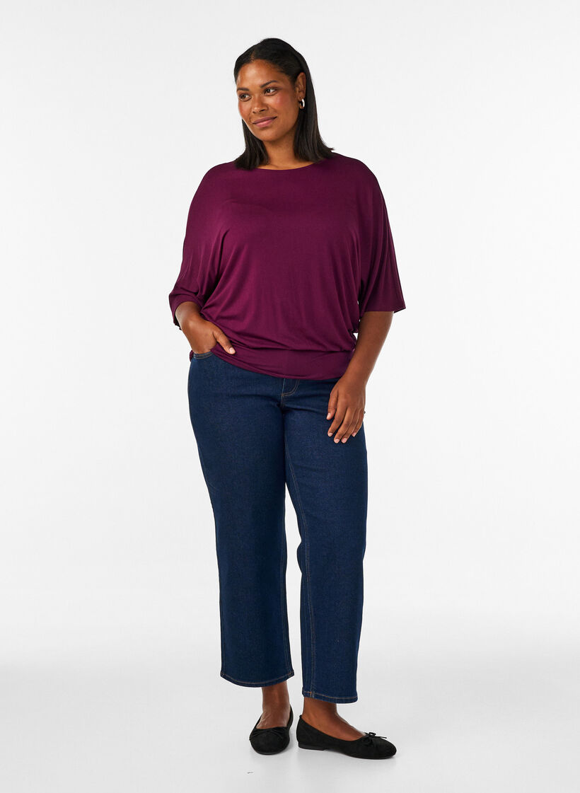 Bluse aus Jersey mit ellbogenlangen Ballon&auml;rmeln, Lila, Model image number 1