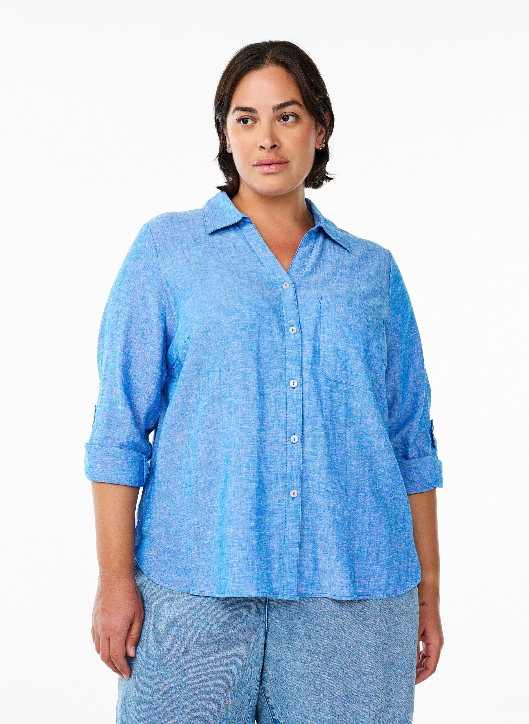 ZizziBluse aus Leinen und Viskose mit 3/4-&Auml;rmeln, Blau, Model image number 0