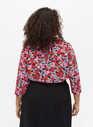 Bluse mit 3/4-Ärmeln und Blumenprint, Red Flower AOP, Model image number 1