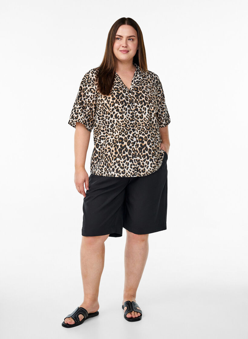 Geblümte Bluse mit V-Ausschnitt, Braun, Model image number 1