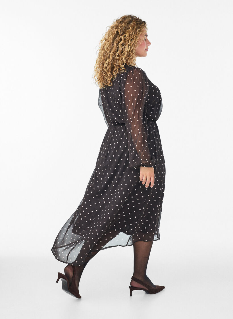 Kleid aus Chiffon mit Polka Dots und langen &Auml;rmeln, Braun, Model image number 1