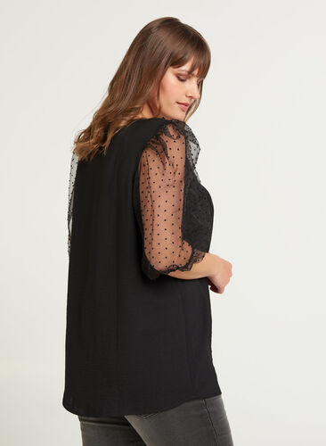 Bluse mit transparenten Puffärmeln, Black, Model image number 1