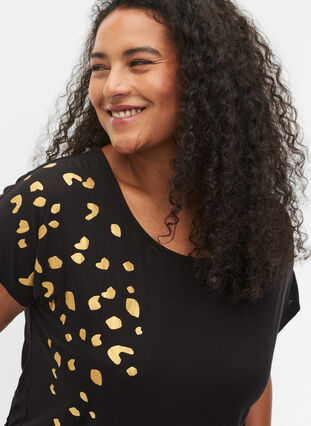 Kurzärmeliges Viskose-T-Shirt mit Druck, Black Gold , Model image number 2