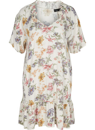 Viskosekleid mit Blumendruck und V-Ausschnitt, Creme Vintage Flower, Packshot image number 0