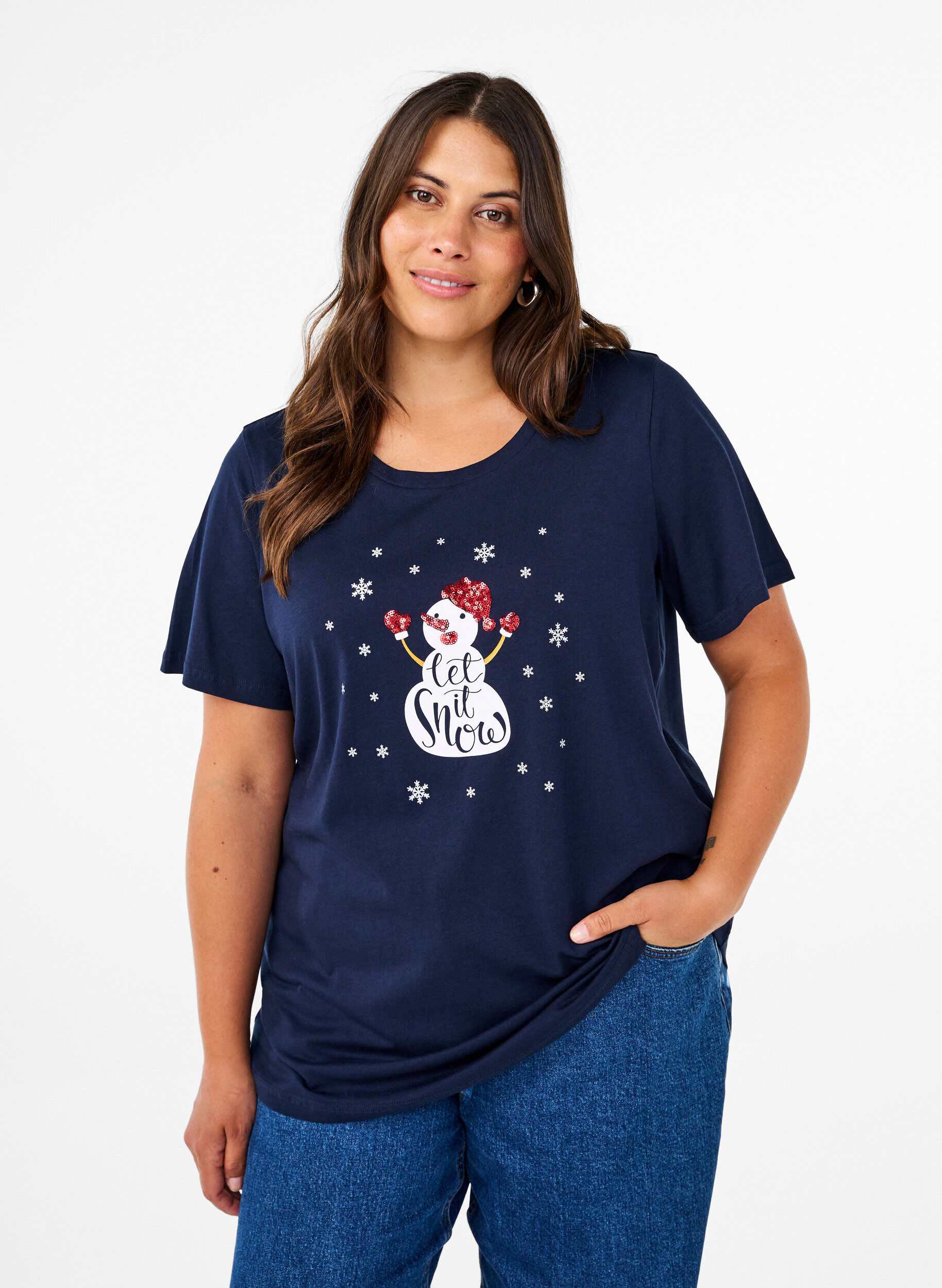 ZizziWeihnachtliche T-Shirts aus 100% Baumwolle, Navy B. w. LetItSnow, Model image number 0