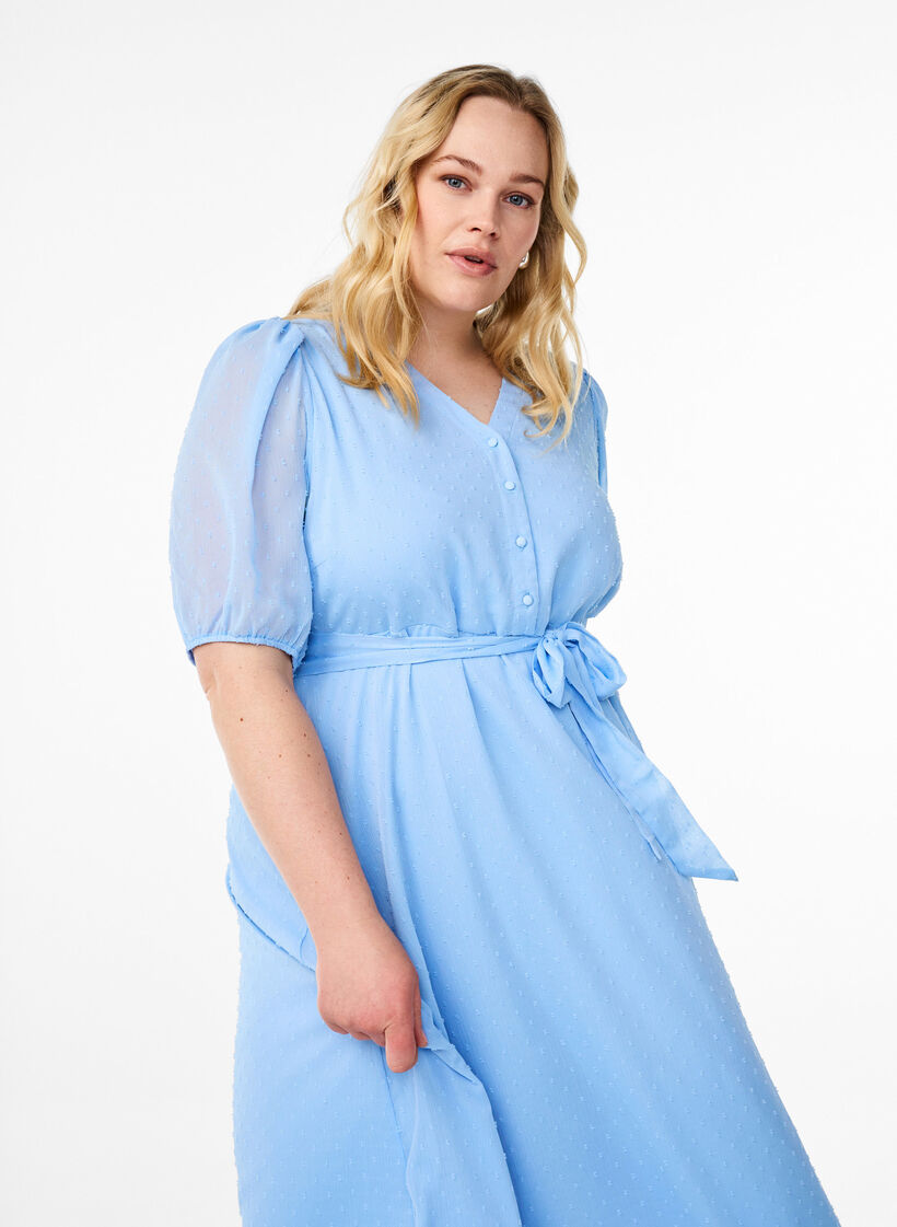 Midi-Kleid mit V-Ausschnitt und Bindeband, Blau, Model image number 2