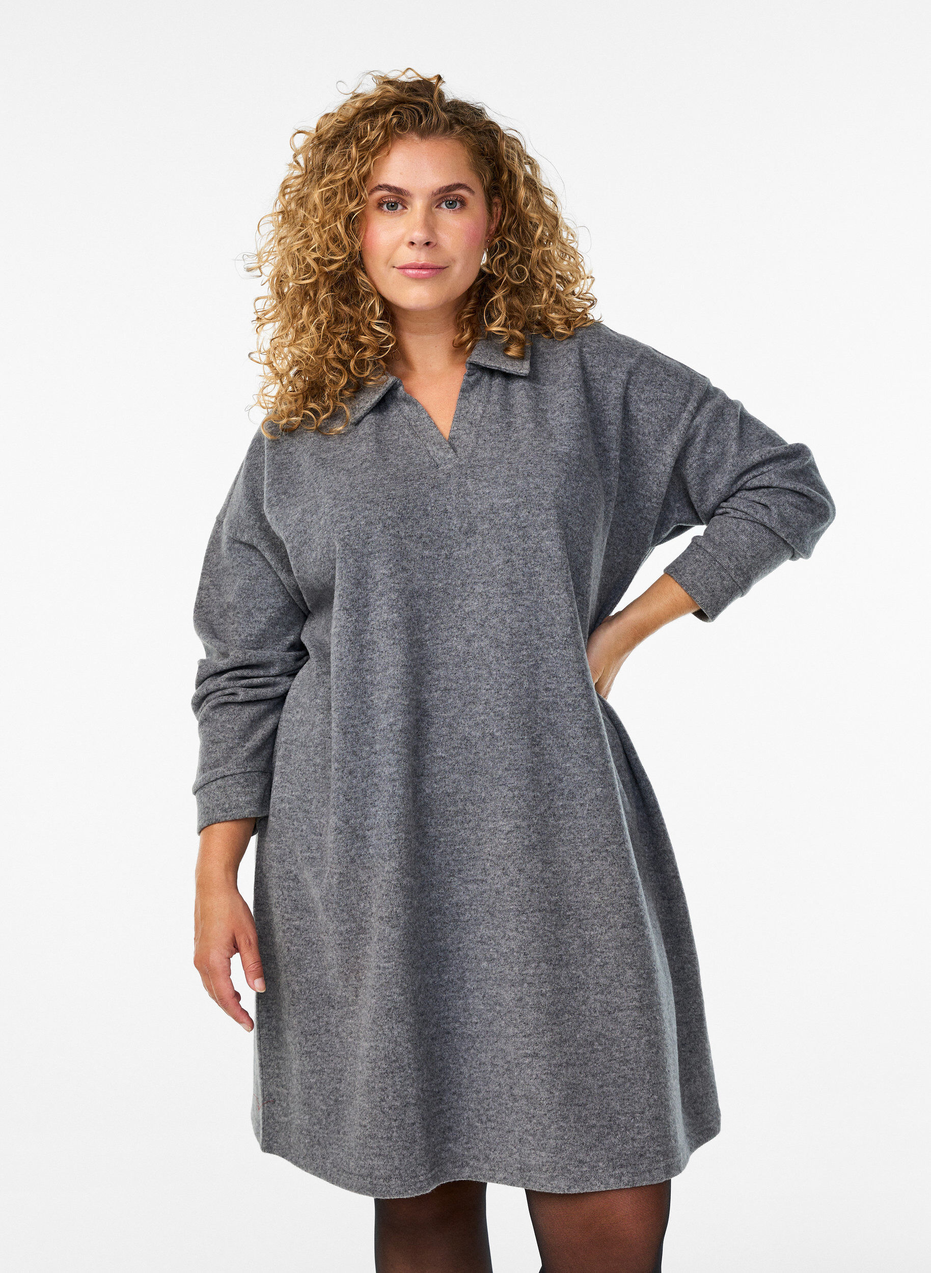 ZizziKnielanges Kleid aus Jersey mit V-Ausschnitt und Kragen, Grau, Model image number 1
