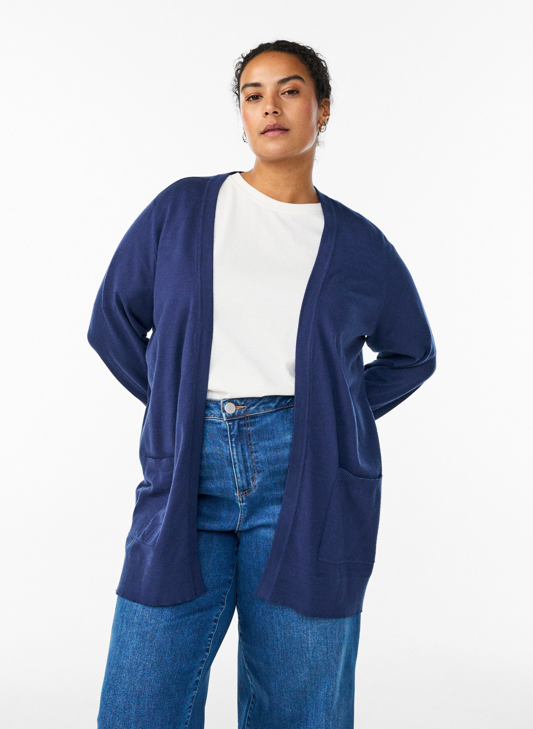 ZizziLange offene Strickjacke mit Taschen, Blau, Model image number 0