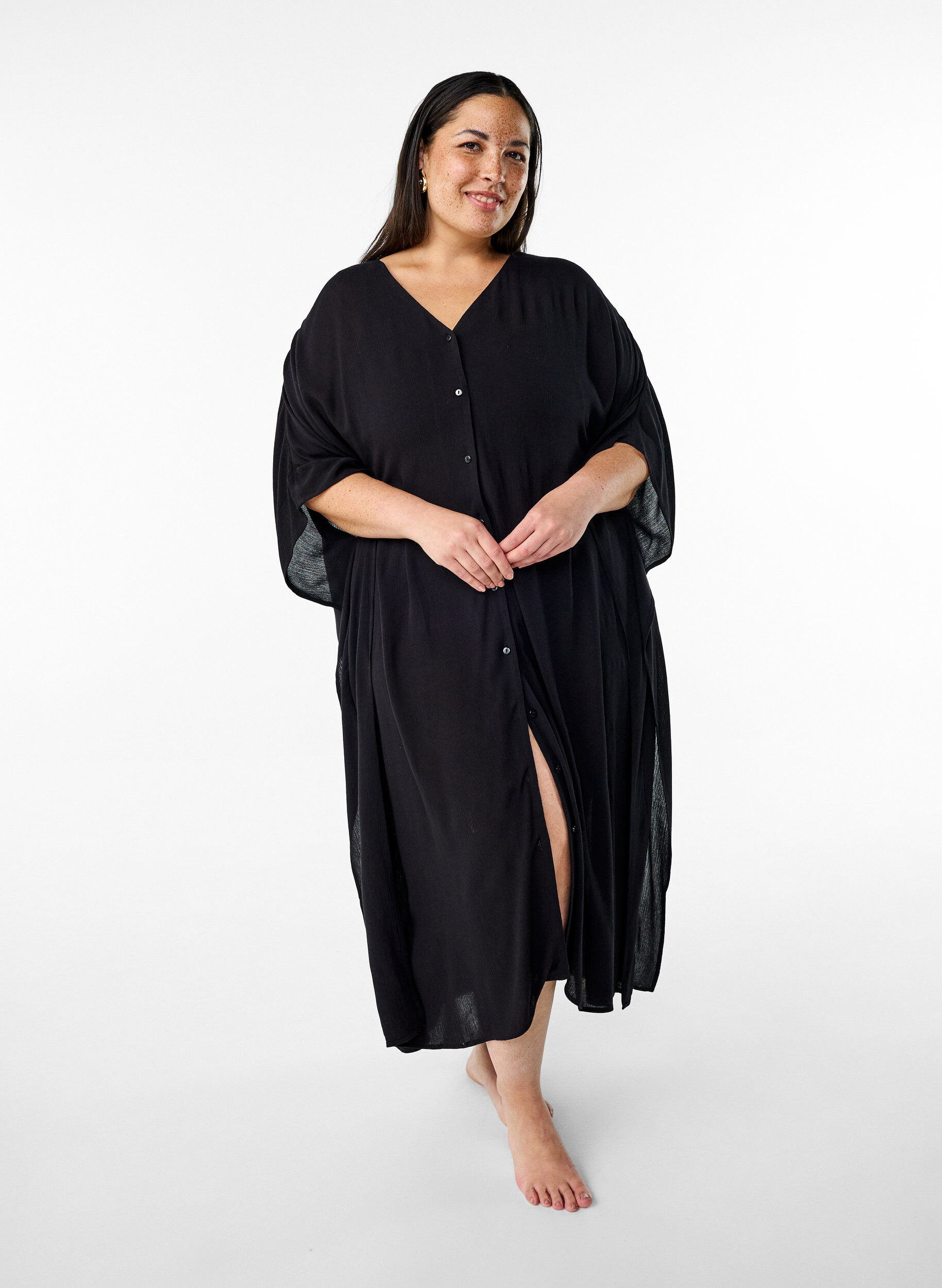 ZizziKaftan-Strandkleid mit Kn&ouml;pfen, Schwarz, Model image number 0