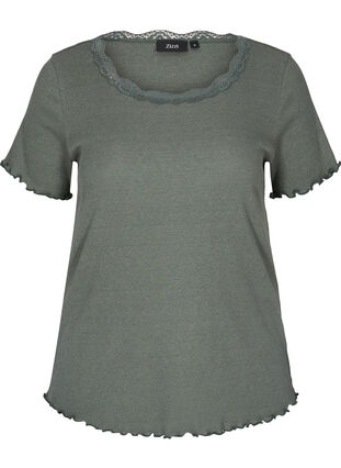 Kurzarm T-Shirt aus Ripp mit Spitze, Balsam Green, Packshot image number 0
