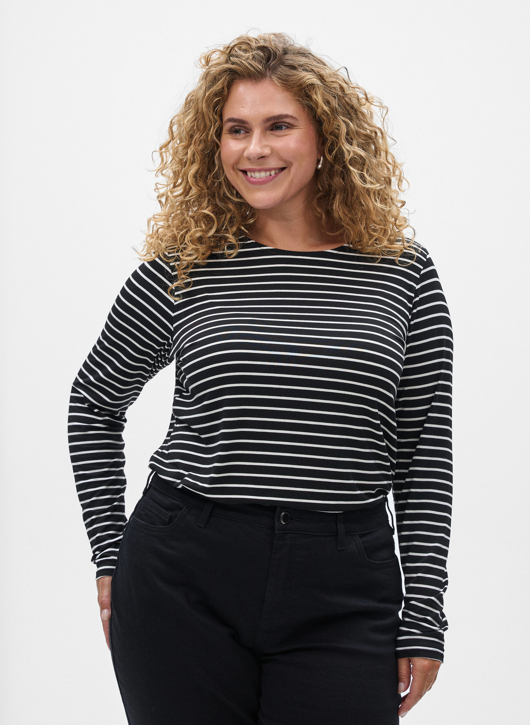 ZizziGestreifte Langarmbluse, Schwarz, Model image number 0
