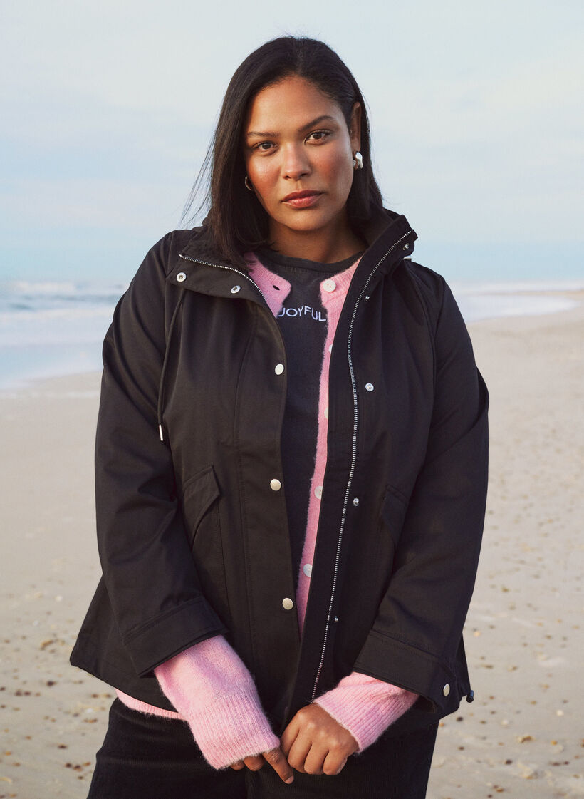 Kurze Frühlingsjacke mit abnehmbarer Kapuze, Schwarz, Image image number 0