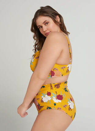 Hochtaillierte Bikinihose mit Blumenprint, Yellow Flower Print, Model image number 0