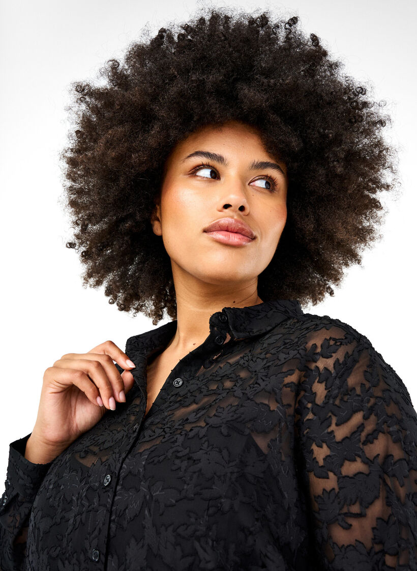 Jacquard-Bluse mit Knöpfen, Black, Model image number 2