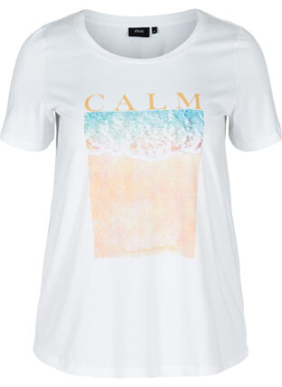 Kurzarm T-Shirt aus Baumwolle mit Aufdruck, Bright White CALM, Packshot image number 0
